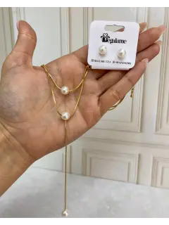 Set de doble cadena tipo corbatín + zarcillos - Perlas blancas