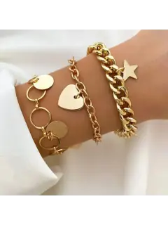 Set de pulsera con dijes de corazón y estrella + pulsera de cadena circular