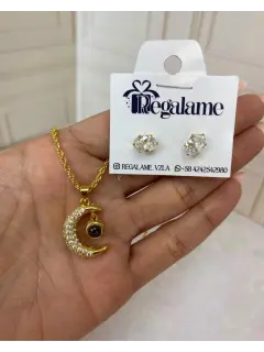 Set de collar y zarcillo en forma de luna- Con visor de te amo en varios idioma