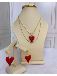 Set de collar y zarcillos - En forma de corazón rojo. Serie #CO019