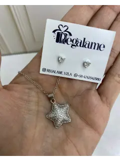 Set de collar y zarcillo con dije de estrella - Rodio con circones.