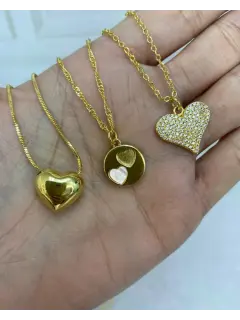 Collar - Dije de corazón liso, dije de circulo con corazones en el medio y dije de corazón con circones Serie#CO035