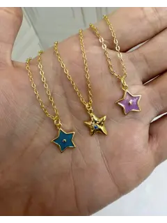 Cadenas con dije de estrella dorada, morada con bordes dorado y azul con bordes dorado