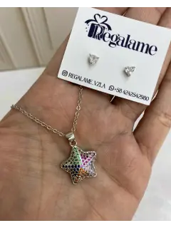Set de collar & zarcillo - Tipo estrella multicolor +  plateado.