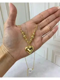 Collar - Dije de corazón con perlas. Baño de oro. Serie #CO013