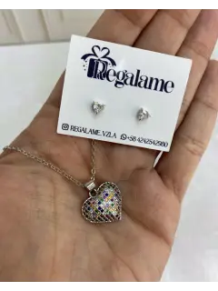 Set de collar & Zarcillo de corazón multicolor. Rodio