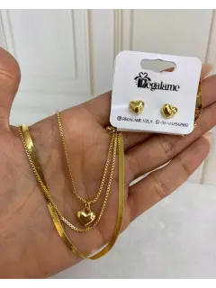Set de triple cadena + zarcillo de corazones. Serie #CO022