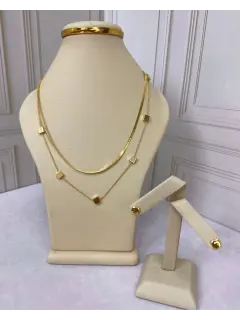 Set de doble collar y zarcillos circular - Baño de oro 18K